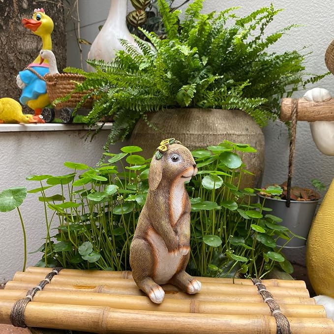 Lonyin Bunny Indoor/Outdoor Garden Statue Rabbit Figurines Yard Statues | Weatherproof Flower Bunny for Yard Patio Lawn Easter Decor Birthday Housewarming Gifts for Mom Women Garden Lovers,Resin 7In