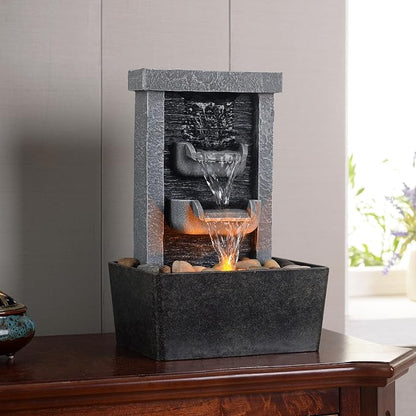 GOSSI Indoor Waterfall Fountain, 10.3" Tabletop Water Fountain with LED Lights & River Rocks, Relaxing Home Office Decor
