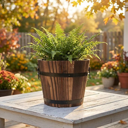 DOITOOL Rustic Wooden Barrel Planter: Wood Whiskey Barrel Bucket Flower Pots Indoor Outdoor Plants Boxes Container for Home Garden Patio Backyard - 7.08 x 5.9 x 5.1 inches (Large)