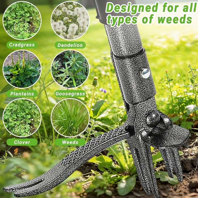 57.5" Weed Puller Tool for Lawn Yard, Dual-Eject Mechanism with Bag | 4-Claw Steel Head,Adjustable 57.5" Bamboo Long Handle,Supports a weight of 265 lbs,Includes 16 Gallon Leaf Bag