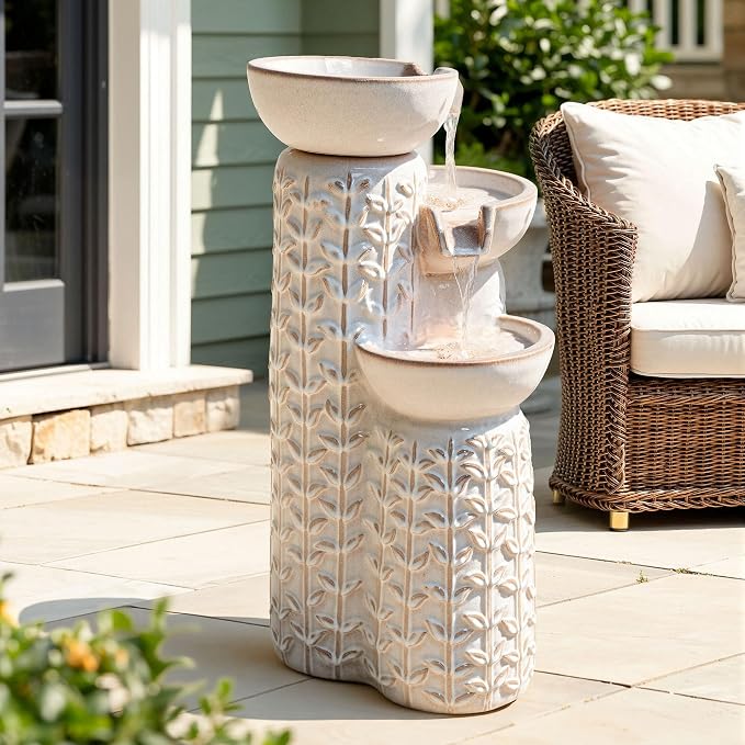28" H Ceramic Outdoor Water Fountain with LED Lights, 3-Tier Cascading Bowls Water Feature, Tranquil Waterfall for Relaxing Garden, Patio, Yard, or Porch, Beige Glaze, Embossed Leaf Patterns