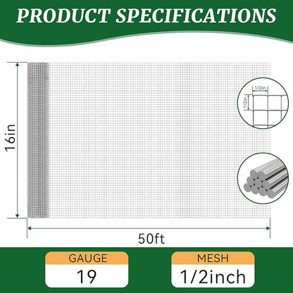 16in x 50ft 19 Gauge Hardware Cloth 1/2 Inch Mesh Roll - Galvanized Chicken Wire Fencing for Garden Fence, Poultry Netting, Gopher Barrier, Animal Cage Screen, Chicken Wire Craft Projects