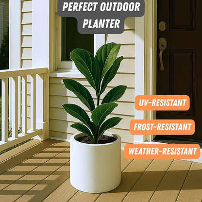 Fox & Fern Large Indoor Planter, Modern Large Plant Pot for Indoor or Outdoor, UV and Frost Resistant - 10 Inch, Matte White Flower Pot with Drainage Plug, Lightweight