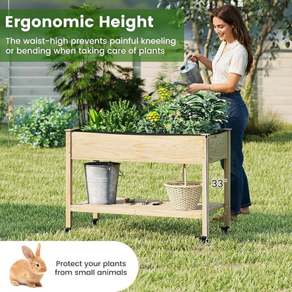 S AFSTAR Wooden Raised Garden Bed with Wheels, Elevated Planter Box with Legs, Storage Shelf, Liner & Drainage Holes, Indoor Outdoor Patio Gardening Box for Vegetable, Flower & Herb