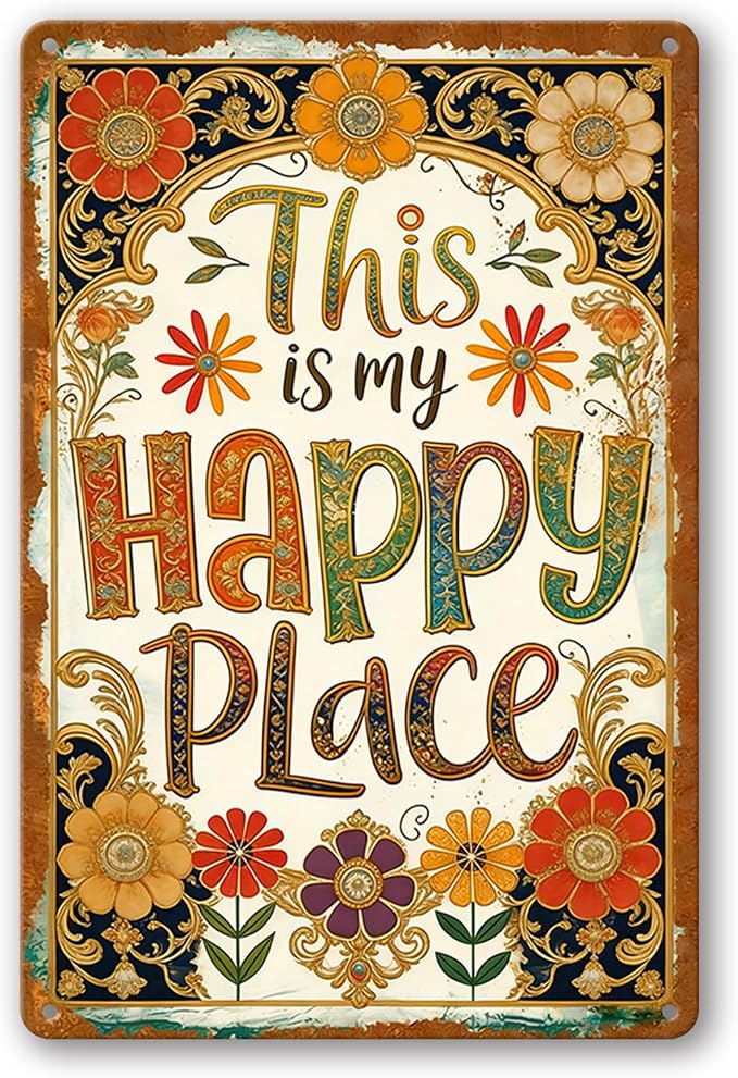 Funny Garden Metal Signs, Vintage Outdoor Wall Decor 8x12 Inch | This Is My Happy Place, Boho Weatherproof Aluminum Sign for Patio Yard Greenhouse, Gift For Gardeners
