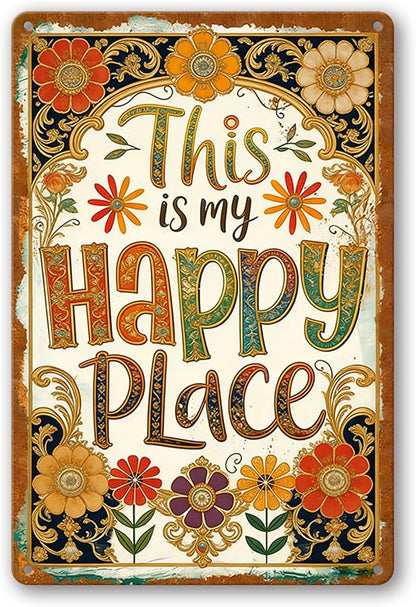 Funny Garden Metal Signs, Vintage Outdoor Wall Decor 8x12 Inch | This Is My Happy Place, Boho Weatherproof Aluminum Sign for Patio Yard Greenhouse, Gift For Gardeners