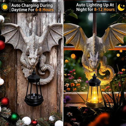 Dragon Tree Hugger Garden Statue - Resin Dragon Figurine Wall Hanger Sculptures Decor with Solar Lantern Lights, Outdoor Waterproof for Balcony Wall Porch Yard, Gifts for Mom Women Birthday
