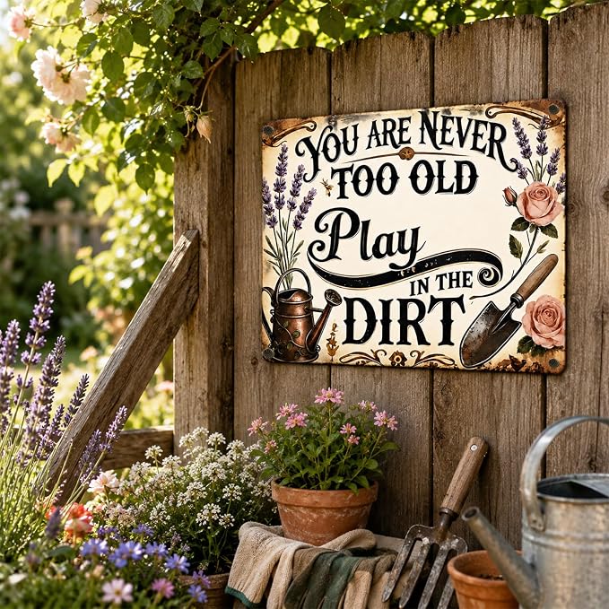 Vintage Garden Metal Sign, Funny Tin Wall Decor 8x12 In | vintage garden sign with rope, 4 pins and corner holes for patio, porch, fence, greenhouse and wall decor