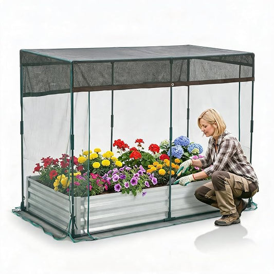 6x3x1Ft Galvanized Raised Garden Bed Kit w/Self Watering Irrigation & Mesh Cover, Metal Bottomless Raised Planter Box for Veggies Herbs Flowers, Rustproof Elevated Garden Bed Backyard Patio Farm