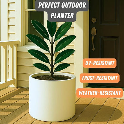 Fox & Fern Large Indoor Planter, Modern Large Plant Pot for Indoor or Outdoor, UV and Frost Resistant - 14.6 Inch, Matte White Flower Pot with Drainage Plug, Lightweight