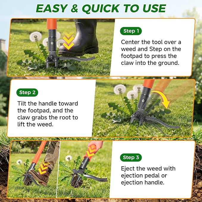 Stand Up Weed Puller Tool, 4-Claw Steel Head Deep Root Extractor with Dual-Eject Design, Real Bamboo Long Handle & Metal Anti-Slip Pedal, No Bending Dandelion Remover for Garden Lawn Yard