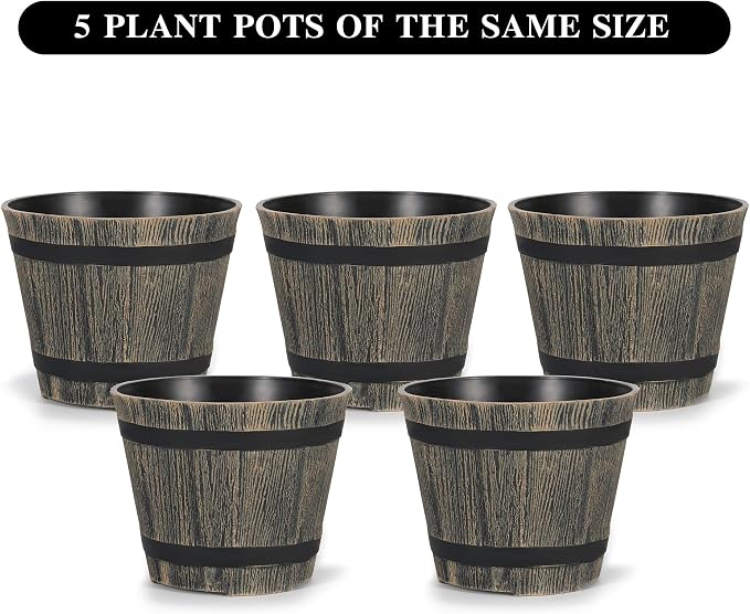 5 Pack 7 Inch Plastic Plant Pots, Whiskey Barrel Planters, Flower Pots for Indoor Outdoor Home Herb Snake Plants, Durable Pots, Set of 5