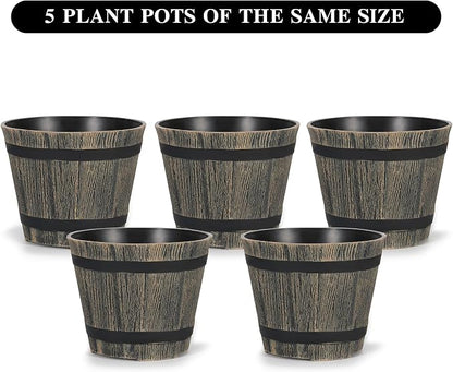 5 Pack 7 Inch Plastic Plant Pots, Whiskey Barrel Planters, Flower Pots for Indoor Outdoor Home Herb Snake Plants, Durable Pots, Set of 5