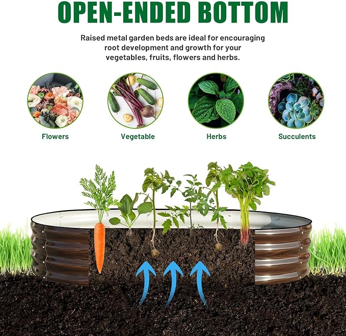 SnugNiture 2 Pcs 6x3x1ft Oval Metal Raised Garden Bed for Vegetables, Brown | Protective rubber edging strips thickened corrugated galvanized steel
