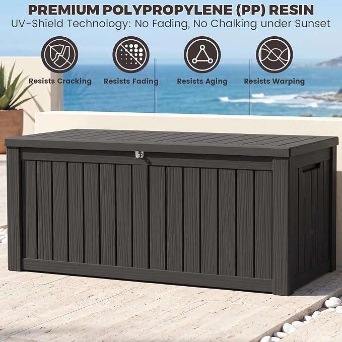 Outdoor Storage Box, 150 Gallon Waterproof Deck Box [Upgraded 3.0], Piston-Assisted Resin Trunk for Sectional Sofa Cushions, High-Capacity Lockable Double Storage Bench, Patio Lounge, Black