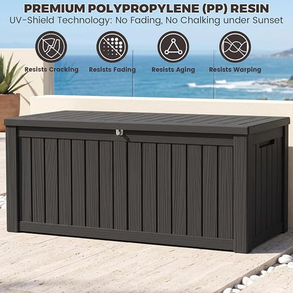 Outdoor Storage Box, 150 Gallon Waterproof Deck Box [Upgraded 3.0], Piston-Assisted Resin Trunk for Sectional Sofa Cushions, High-Capacity Lockable Double Storage Bench, Patio Lounge, Black