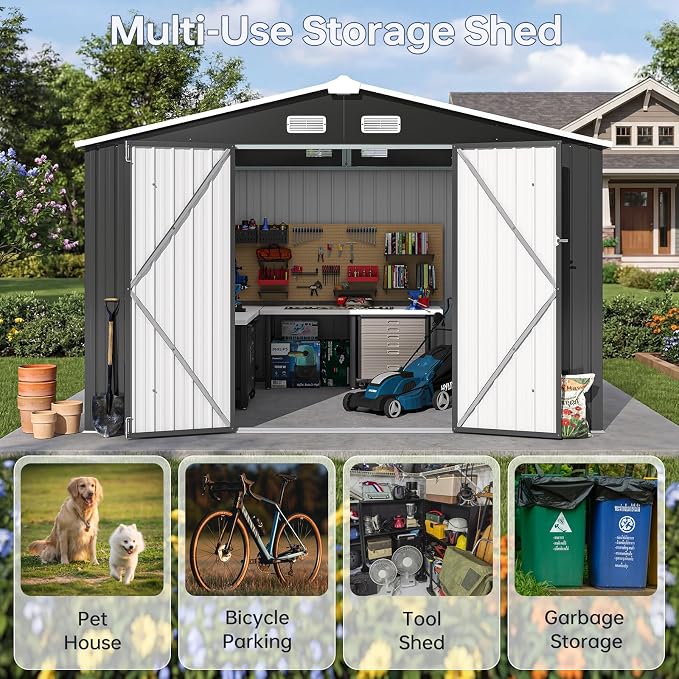 10x8FT Outdoor Storage Shed Black | Metal Garden Tool Shed with Sloping Roof & Lockable Door for Garden, Patio, Backyard