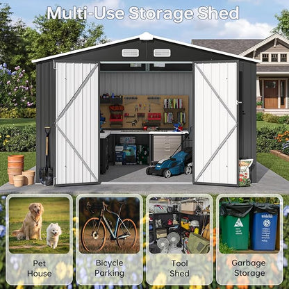 10x8FT Outdoor Storage Shed Black | Metal Garden Tool Shed with Sloping Roof & Lockable Door for Garden, Patio, Backyard