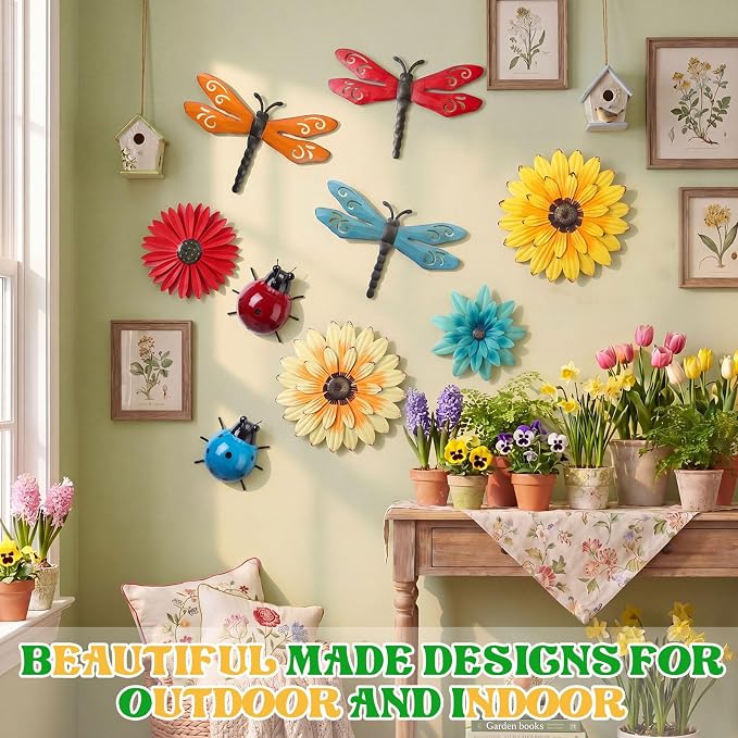 Therwen 9 Pcs Metal Wall Art Decor for Outside 3D Metal Sunflower Backyard Decorations Hanging Outdoor Wall Art Multicolored Flowers for Garden Fence Patio Yard Outdoor Porch