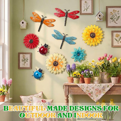 Therwen 9 Pcs Metal Wall Art Decor for Outside 3D Metal Sunflower Backyard Decorations Hanging Outdoor Wall Art Multicolored Flowers for Garden Fence Patio Yard Outdoor Porch