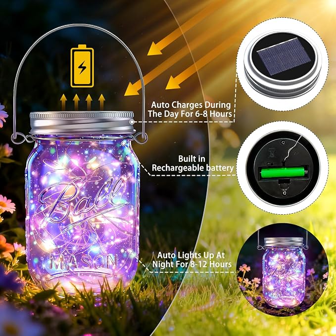 Solar Mason Jar Lights, 12 Pack 30 LED Firefly Fairy String Lights, Waterproof Outdoor Solar Mason Jar Lid Lights with Hangers(NO Jars) for Patio Garden Yard Wedding Decoration - Multicolor