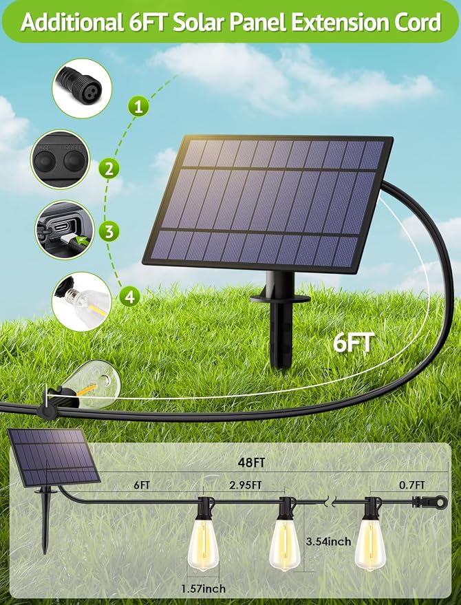 Larkvue 48FT Solar String Lights Outdoor with Remote, Waterproof Dimmable Patio Lights with 15+1 LED ST38 Bulbs 3 Modes Hanging Lighting for Backyard