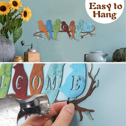 Peryiter Bird Wall Art Birds on Branch Welcome Sign Hanging Outdoor Metal Wall Decor Welcome Signs for Porch Vivid Statue Welcome Wall Decor Tree Silhouette for Bedroom Garden(Rustic Colors)