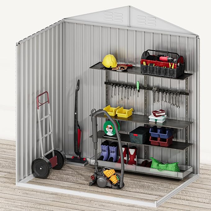 DWVO 6x4ft Small Tool Storage Shed, Lockable Doors, and Sloped Roof, Oversized Steel Outdoor Storage Shed for Garden, Patio, Garage, Backyard, Lawn - White