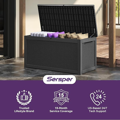 Sersper 260 Gallon Outdoor Storage Box, Large Deck Box with Gas Struct, Waterproof Resin Storage Bin for Patio Cushions, Pool Supplies, Lockable Box, UV Resistant, Black