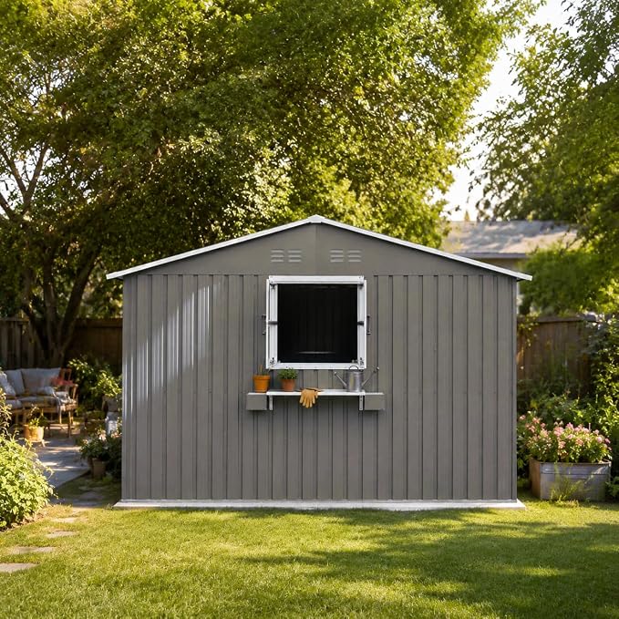 KEIKI 12x10 FT Outdoor Metal Storage Shed with 3 Clear Windows, Flower Rack Lockable Single Door Heavy Duty Steel Tool Shed Waterproof Rust Resistant Windproof for Backyard Garden Patio, Grey