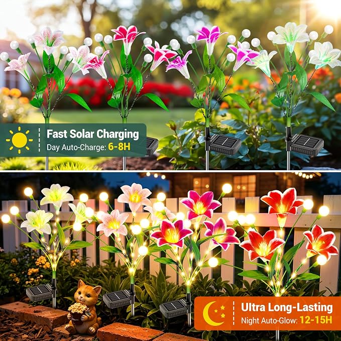 Upgraded Solar Garden Lights Outdoor: 4 Pack 2-in-1 Solar Lily Flower Lights with Swaying Firefly Lights & Glowing Stems, Brighter Waterproof Solar Garden Decor for Yard Patio, Unique Gifts