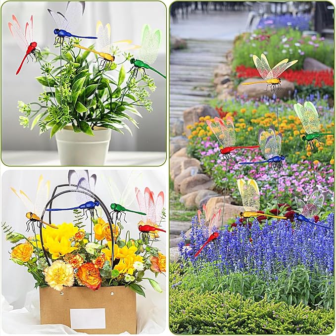24 Pieces 3D Dragonfly Garden Decor Stakes Dragon Fly Garden Stakes Dragonflies Garden Ornaments Patio Decoration Dragonfly Stakes with Sticks, 4 Colors