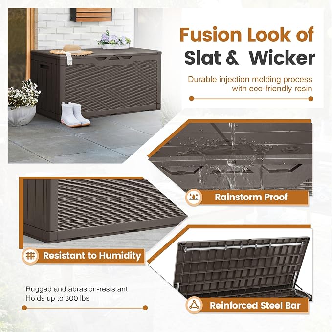 Greesum 100 Gallon Resin Patio Storage Box for Garden Tools, Outdoor Furniture Cushions, Pool Supplies, Dark Brown