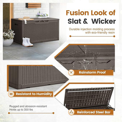 Greesum 100 Gallon Resin Patio Storage Box for Garden Tools, Outdoor Furniture Cushions, Pool Supplies, Dark Brown