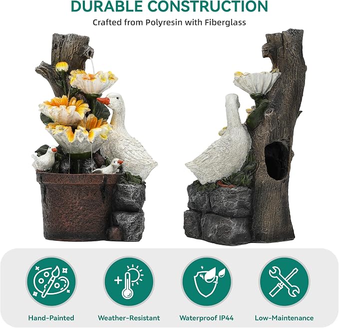 AUTODAYA 19" Sunflower & Duck Water Fountain Indoor Outdoor with LED Lights | 4-Tier Cascading Waterfalls, Rustic Decor for Garden, Yard, Patio, Flowerbed & Farmhouse