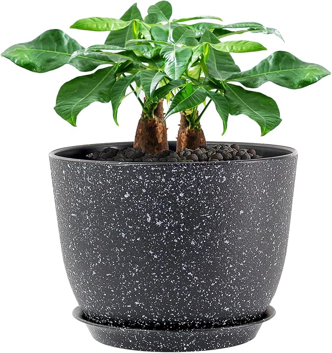 UOUZ 12inch Large Plant Pot, Modern Plastic Planter with High Driange Holes and Saucer for Indoor Outdoor Garden Plants and Flowers, Black Speckles