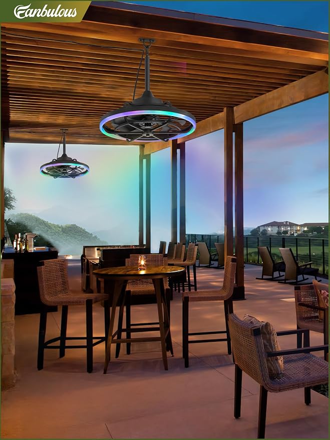 Fanbulous Outdoor RGB Ceiling Fans with Light for Patios, 20" Waterproof Plug in Ceiling Fan, Gazebo Fan Remote&APP Control, 3CCT Dimmable,Caged Ceiling Fan with Hanging Hook for Porch, Pergola