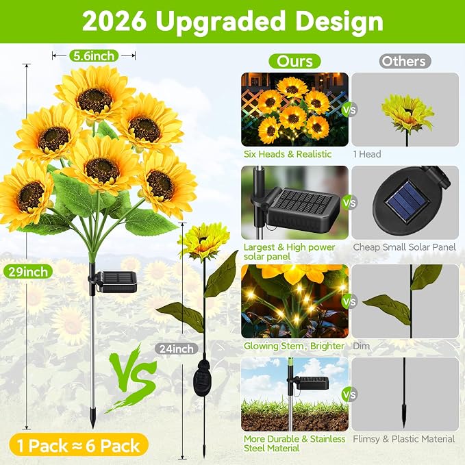Ahaorigin Solar Sunflower Lights 6 Pack, 36 LED Solar Garden Lights Outdoor, IP65 Waterproof Solar Flowers for Yard Patio Decor, Auto On/Off, Best Mother’s Day Gift Ideas for Mom Grandma Women