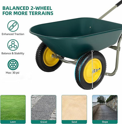 Autodaya Dual-Wheel Garden Cart, 14" Pneumatic Tires & Built-in Stand, 4.5 Cu Ft Utility Yard Wheelbarrow for Gardening, Soil, Construction, Easy Assembly