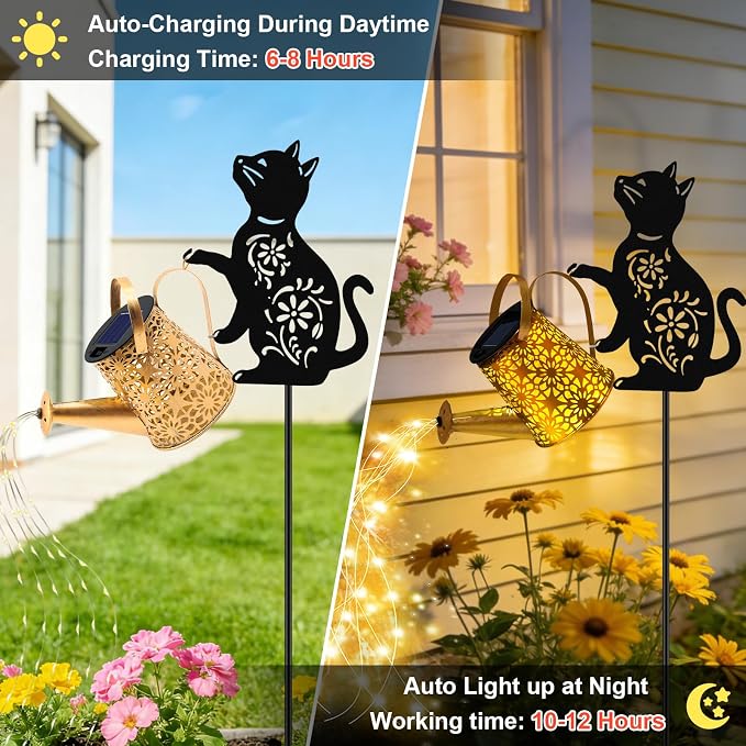 VOOKRY Solar Lights Outdoor,Watering Can with Cat Silhouette Stake | Garden Gifts for Mom,Women&Garden Lovers Waterproof Metal Garden Water kettle,Decorative Yard Patio Lawn Pathway Decor(1Pack)
