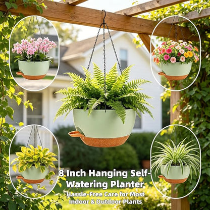 Set of 4-8 Inch Self Watering Hanging Planters for Indoor Outdoor，Hanging Plant Pots with Drainage & Removable Tray, Hanging Pots Holder for Ivy, Pothos, Ferns, Balcony & Patio, Green Brown