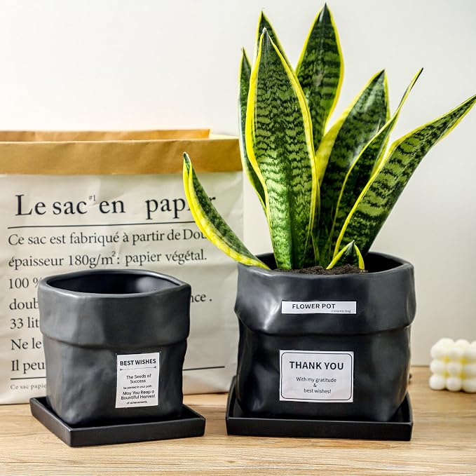 Nihow 6 Inch Ceramic Plant Pot with Drainage & Square Saucer,Black | Bag Shape Design,Indoor & Outdoor，Living room/Office/Bedroom/Windowsill/Tabletop，Plant Lovers/Gardeners/Beginners