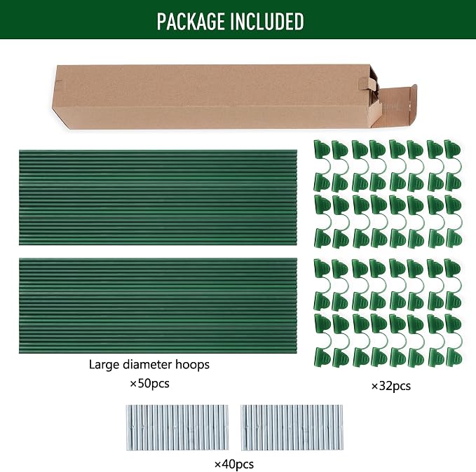 MAXPACE Greenhouse Hoops Kit, DIY 8ft Grow Tunnel, Fits Raised Garden Beds 2.8ft Wide & Up, 50 Pcs Rust-Proof Fiberglass Frame Support Rods for Row Cover, Shade Cloth, Frost Netting & Plant Stakes