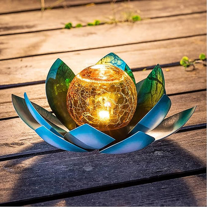 Huaxu Solar Light Outdoor Garden Decor Blue Metal Crackle Globe Glass Waterproof LED Lotus Flower Table Lamp Decorations for Patio Yard Porch Pathway Ground