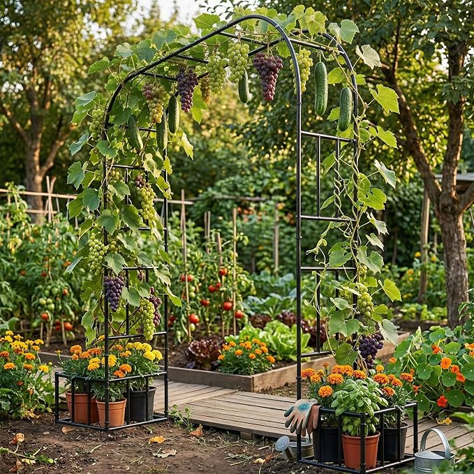 Garden Arch with Planter Boxes, Metal Arbor Trellis for Climbing Plants Outdoor, Heavy Duty Iron Archway for Wedding Ceremony Party Backyard Lawn Patio Decor, Black