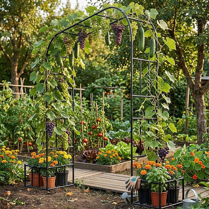 Garden Arch with Planter Boxes, Metal Arbor Trellis for Climbing Plants Outdoor, Heavy Duty Iron Archway for Wedding Ceremony Party Backyard Lawn Patio Decor, Black