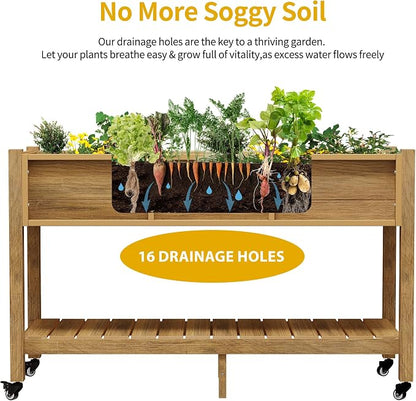 DWVO 47x18x31in Raised Garden Bed Outdoor HDPE with Legs and Lockable Wheels, Weather-Resistant Poly-Wood Elevated Planter Box, Herb Garden Bed for Backyard Patio Balcony, Brown