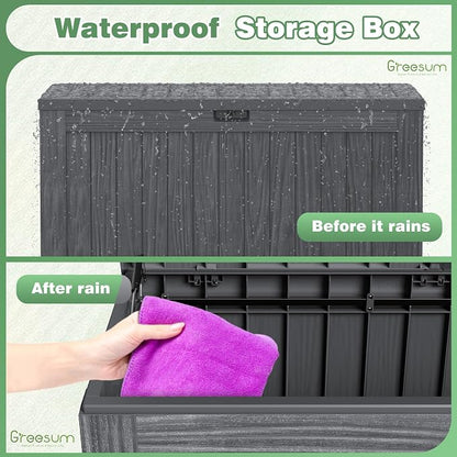 Greesum Outdoor Storage Box 120 Gallon Storage Bin with Lid for Patio Furniture, Garden Tools, Pool Supplies, Lockable, Waterproof and UV Resistant, Gray