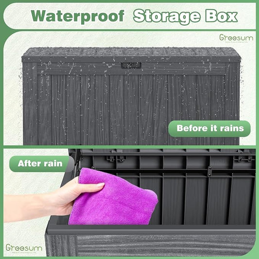 Greesum Outdoor Storage Box 120 Gallon Storage Bin with Lid for Patio Furniture, Garden Tools, Pool Supplies, Lockable, Waterproof and UV Resistant, Gray