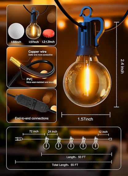 Brightown Outdoor String Lights, 50+5FT 25 G40 Bulbs Shatterproof Patio Lights, IP65 Waterproof Dimmable Hanging Connectable Globe LED Outdoor Lights for Christmas, Backyard, Bistro, Porch